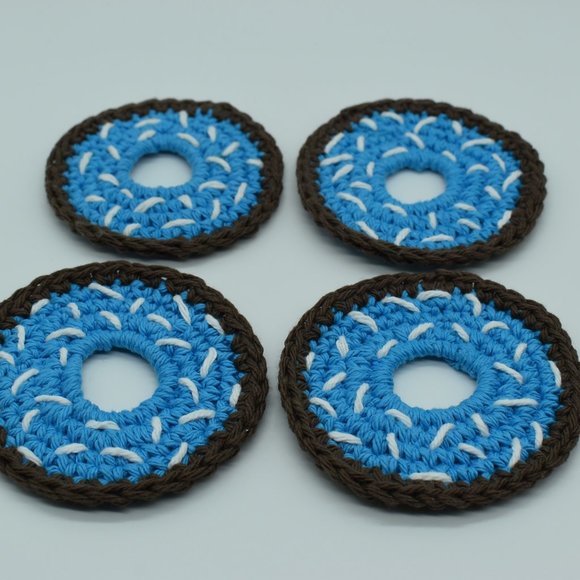 Hand Crafted Crochet Blue Frosted Doughnut Coasters Set of four - Picture 6 of 6